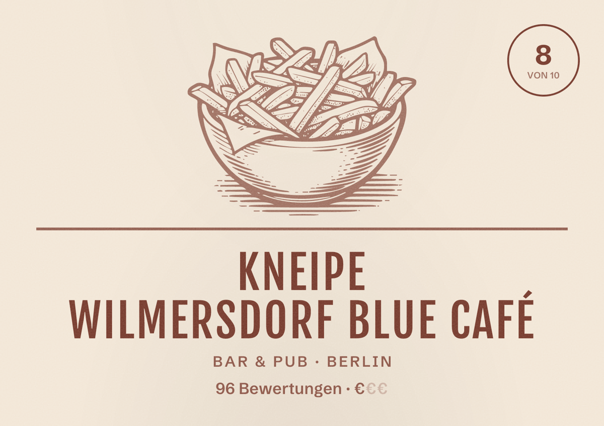 Illustriertes Poster von Kneipe Wilmersdorf Blue Café, Bar & Pub in Berlin: Bewertung 8,0 von 10 aus 96 Bewertungen, Preisniveau €