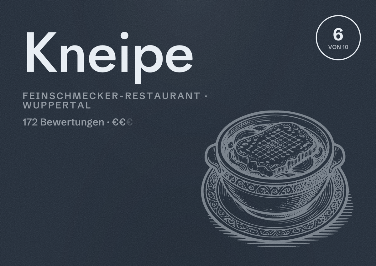 Illustriertes Poster von Kneipe, Feinschmecker-Restaurant in Wuppertal: Bewertung 6 von 10 aus 172 Bewertungen, Preisniveau €€