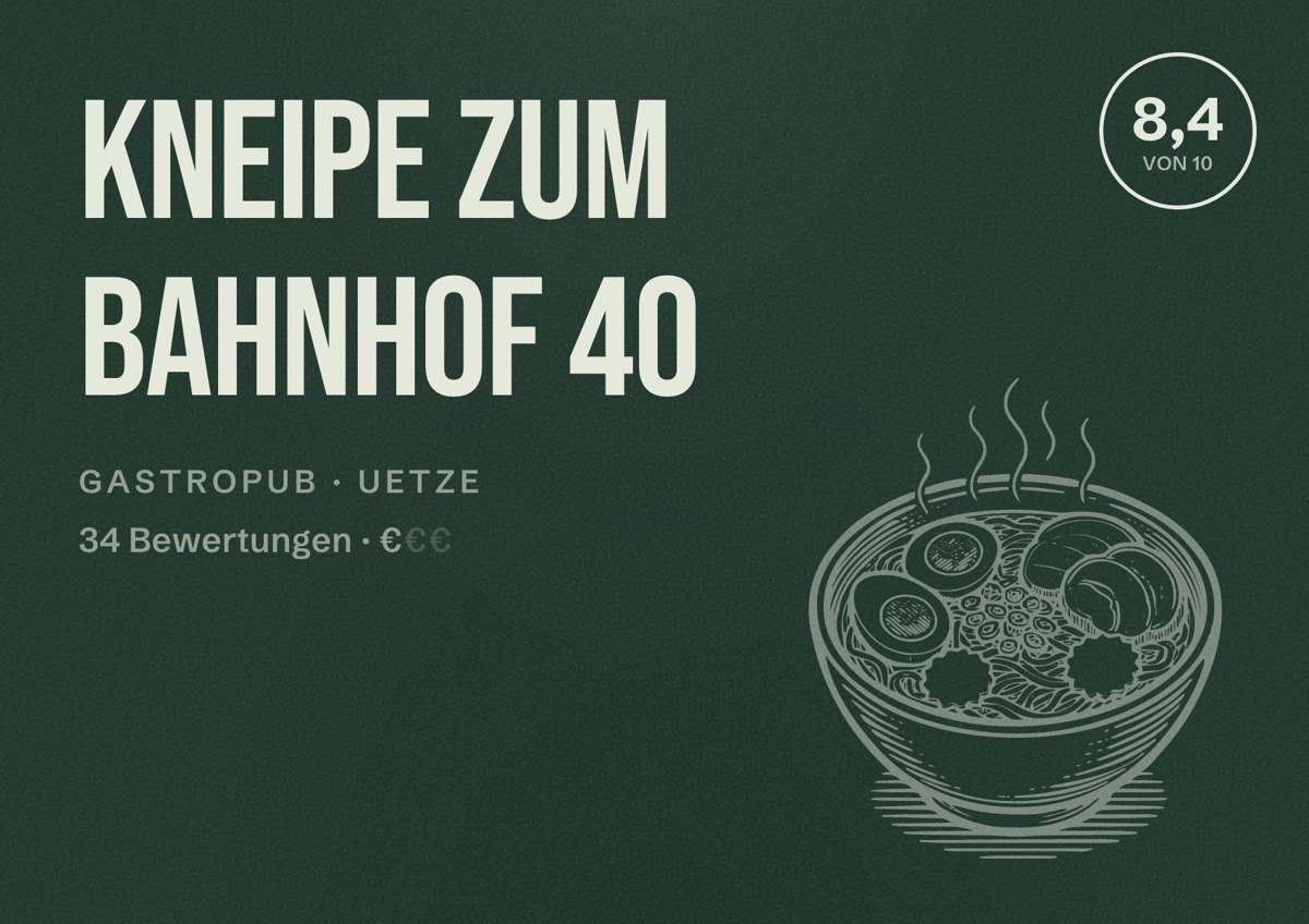 Illustriertes Poster von Kneipe zum Bahnhof 40, Gastropub in Uetze: Bewertung 8,4 von 10 aus 34 Bewertungen, Preisniveau €