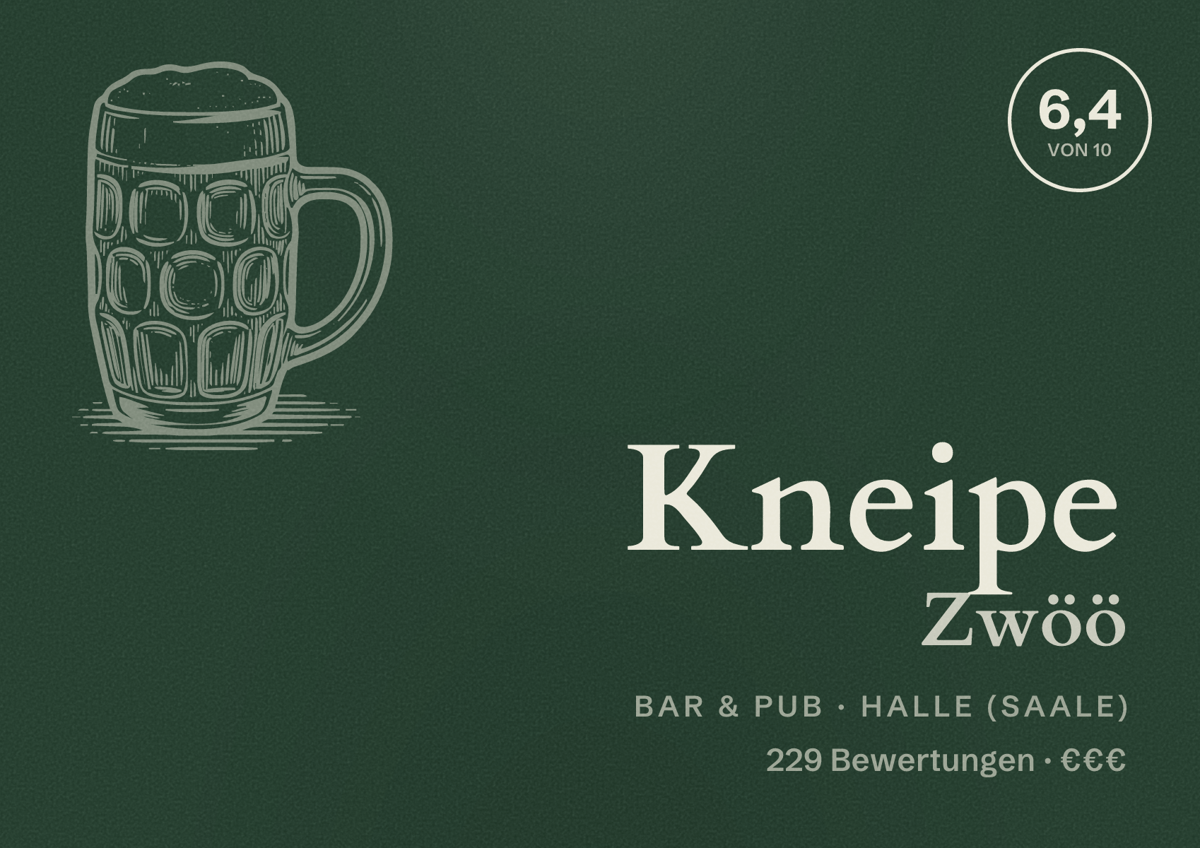 Illustriertes Poster von Kneipe Zwöö, Bar & Pub in Halle (Saale): Bewertung 6,4 von 10 aus 229 Bewertungen, Preisniveau €€€
