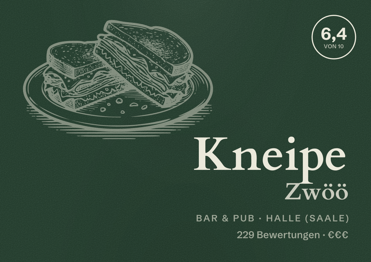 Illustriertes Poster von Kneipe Zwöö, Bar & Pub in Halle (Saale): Bewertung 6,4 von 10 aus 229 Bewertungen, Preisniveau €€€