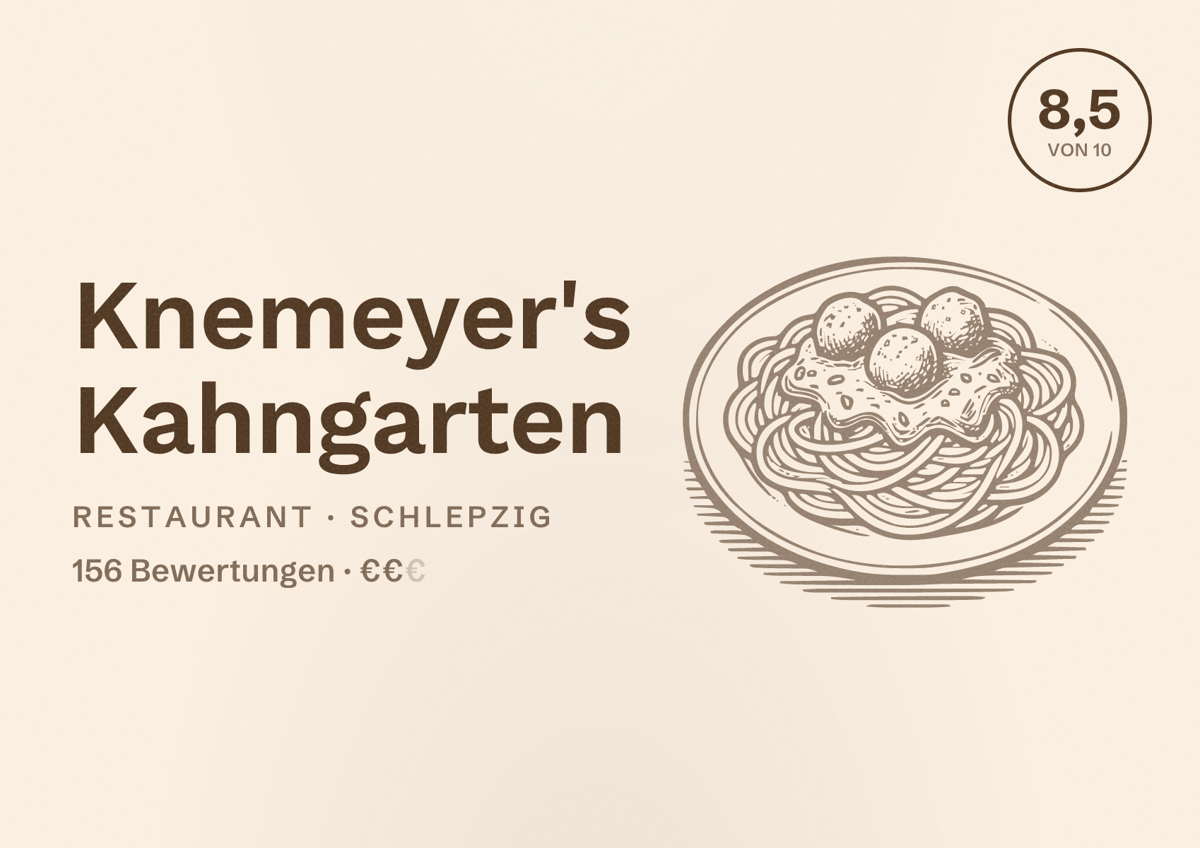 Illustriertes Poster von Knemeyer's Kahngarten, Restaurant in Schlepzig: Bewertung 8,5 von 10 aus 156 Bewertungen, Preisniveau €€