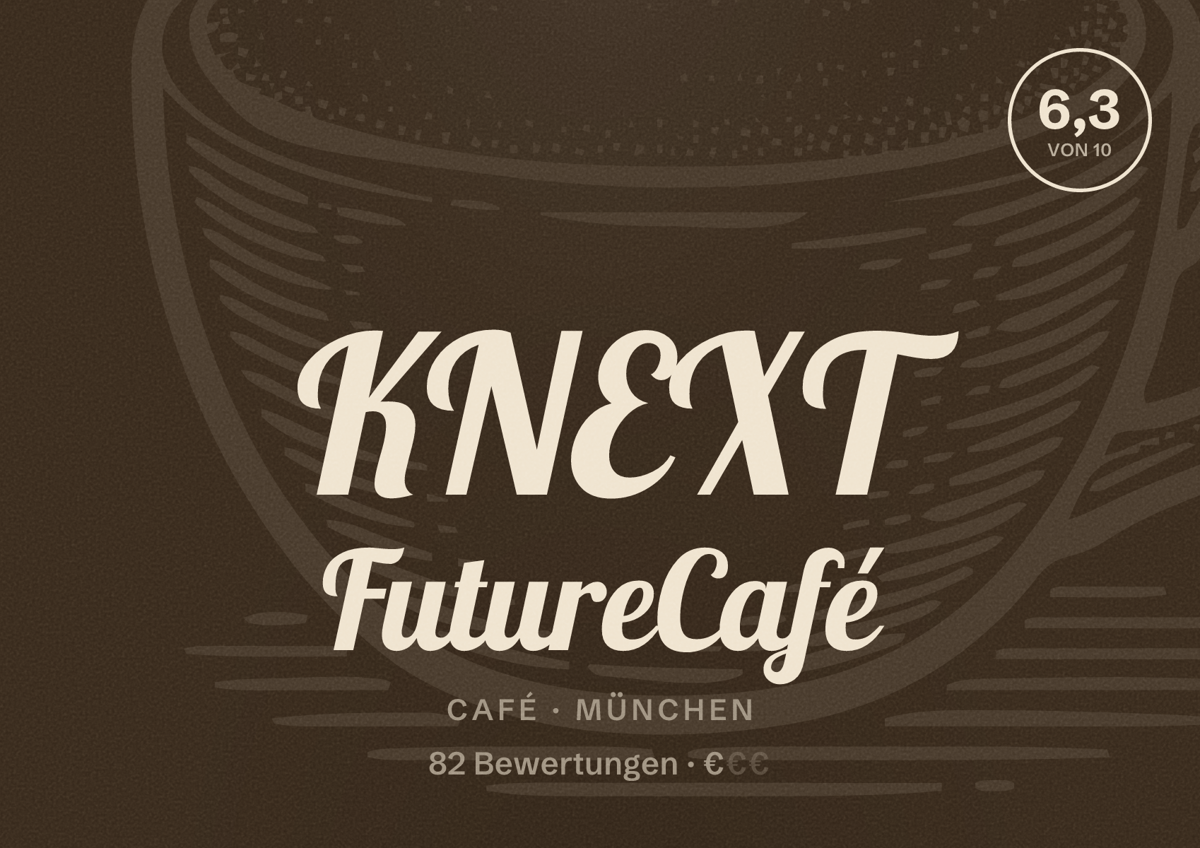 Illustriertes Poster von KNEXT FutureCafé, Café in München: Bewertung 6,3 von 10 aus 82 Bewertungen, Preisniveau €