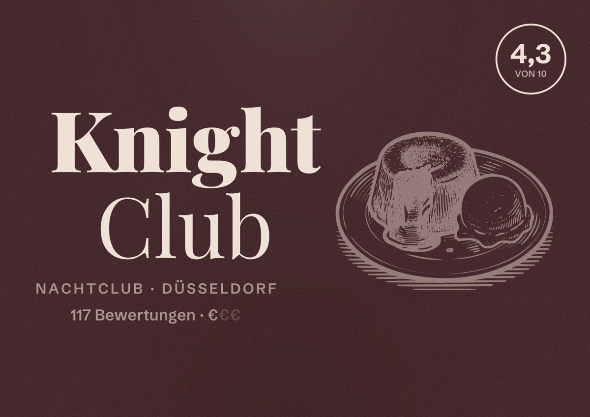 Illustriertes Poster von Knight Club, Nachtclub in Düsseldorf: Bewertung 4,3 von 10 aus 117 Bewertungen, Preisniveau €