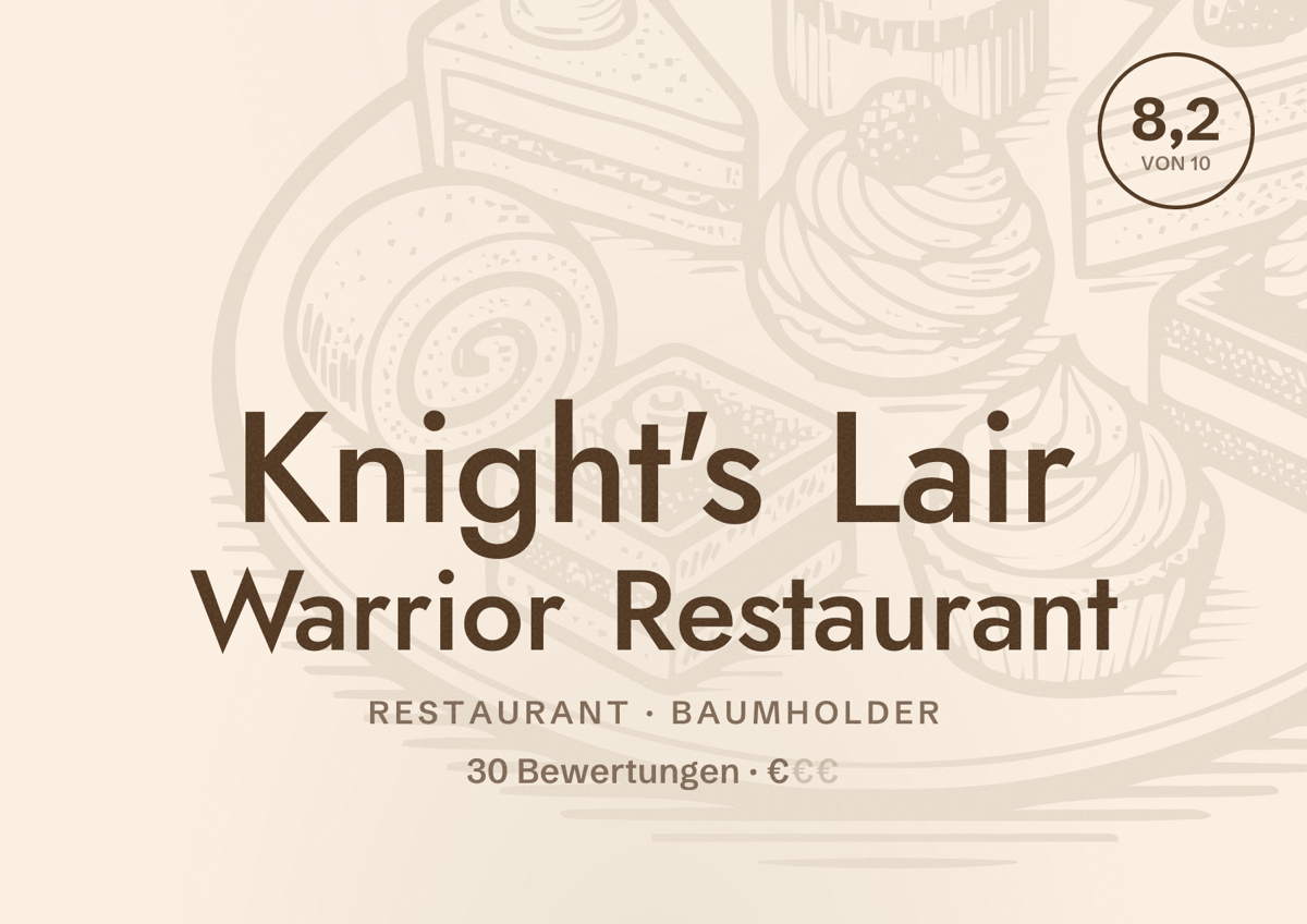 Illustriertes Poster von Knight's Lair Warrior Restaurant, Restaurant in Baumholder: Bewertung 8,2 von 10 aus 30 Bewertungen, Preisniveau €