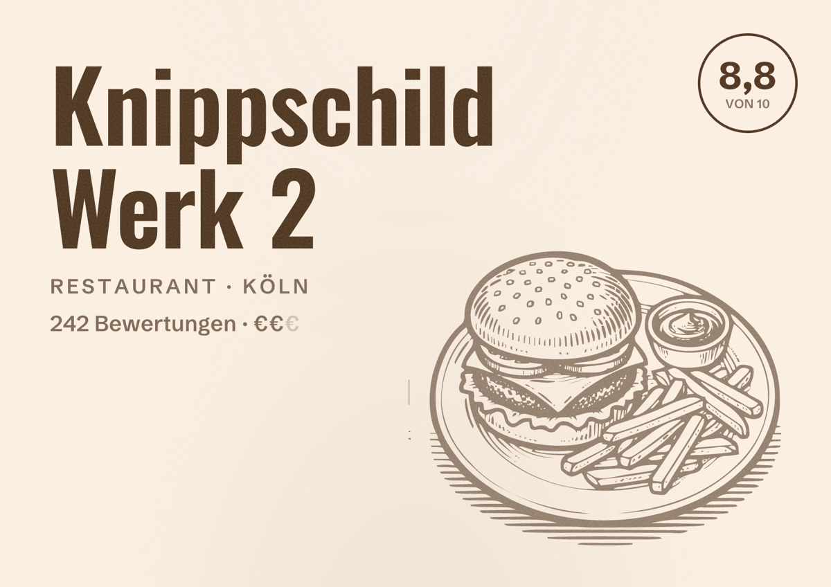 Illustriertes Poster von Knippschild Werk 2, Restaurant in Köln: Bewertung 8,8 von 10 aus 242 Bewertungen, Preisniveau €€