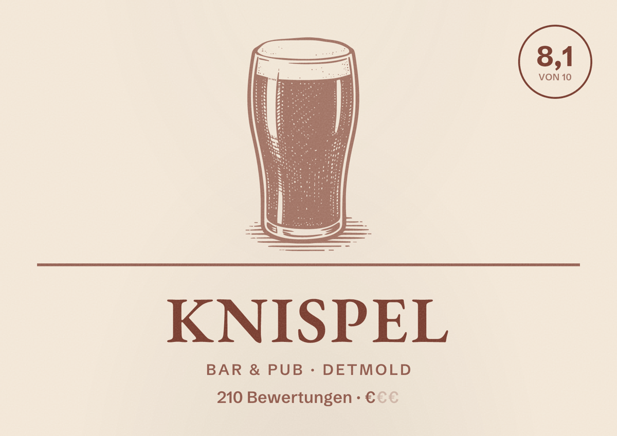 Illustriertes Poster von Knispel, Bar & Pub in Detmold: Bewertung 8,1 von 10 aus 210 Bewertungen, Preisniveau €