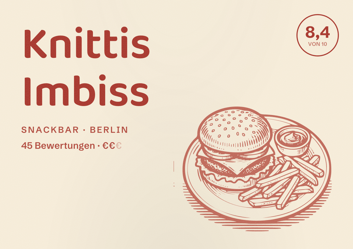 Illustriertes Poster von Knittis Imbiss, Snackbar in Berlin: Bewertung 8,4 von 10 aus 45 Bewertungen, Preisniveau €€