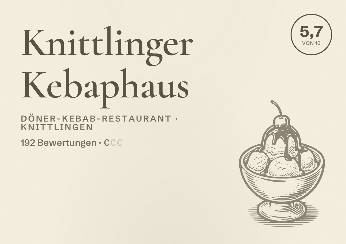 Illustriertes Poster von Knittlinger Kebaphaus, Döner-Kebab-Restaurant in Knittlingen: Bewertung 5,7 von 10 aus 192 Bewertungen, Preisniveau €