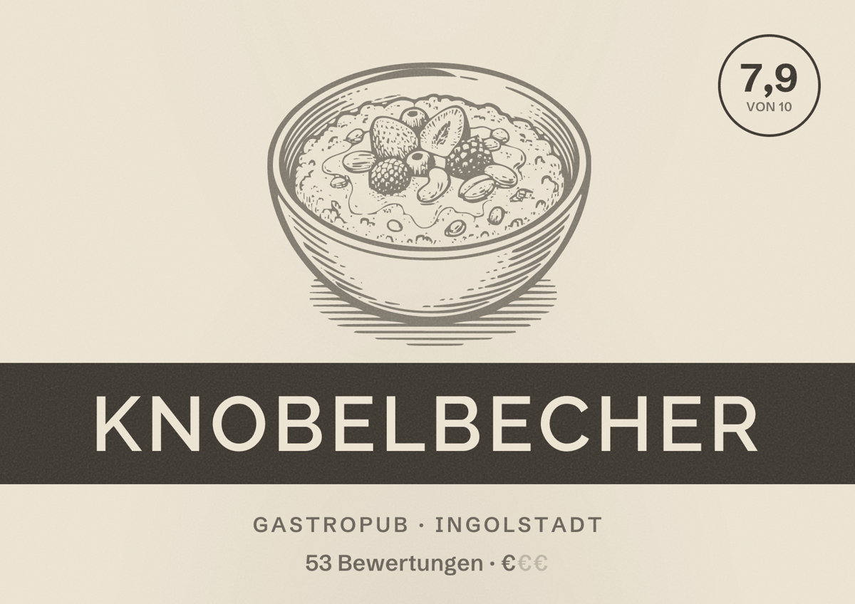 Illustriertes Poster von Knobelbecher, Gastropub in Ingolstadt: Bewertung 7,9 von 10 aus 53 Bewertungen, Preisniveau €