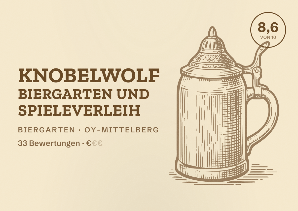Illustriertes Poster von KNOBELWOLF Biergarten und Spieleverleih, Biergarten in Oy-Mittelberg: Bewertung 8,6 von 10 aus 33 Bewertungen, Preisniveau €