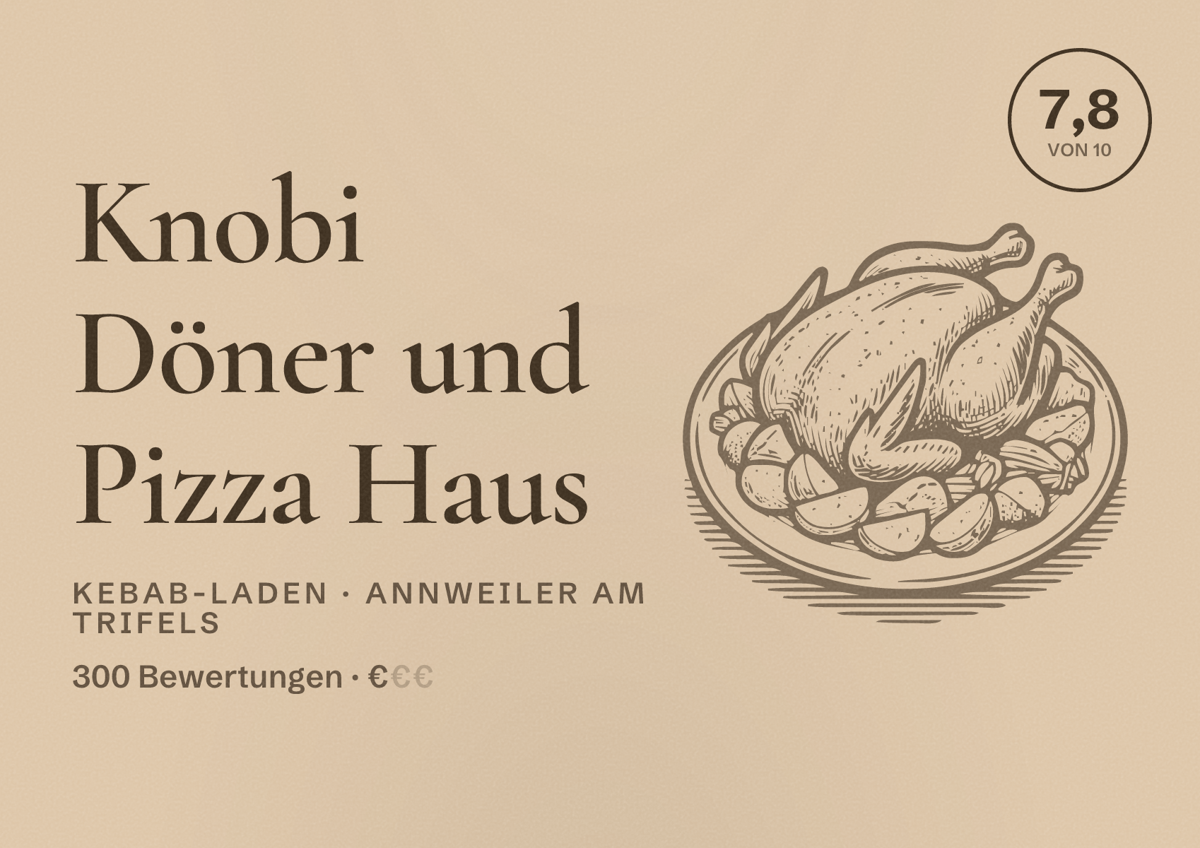 Illustriertes Poster von Knobi Döner und Pizza Haus, Kebab-Laden in Annweiler am Trifels: Bewertung 7,8 von 10 aus 300 Bewertungen, Preisniveau €
