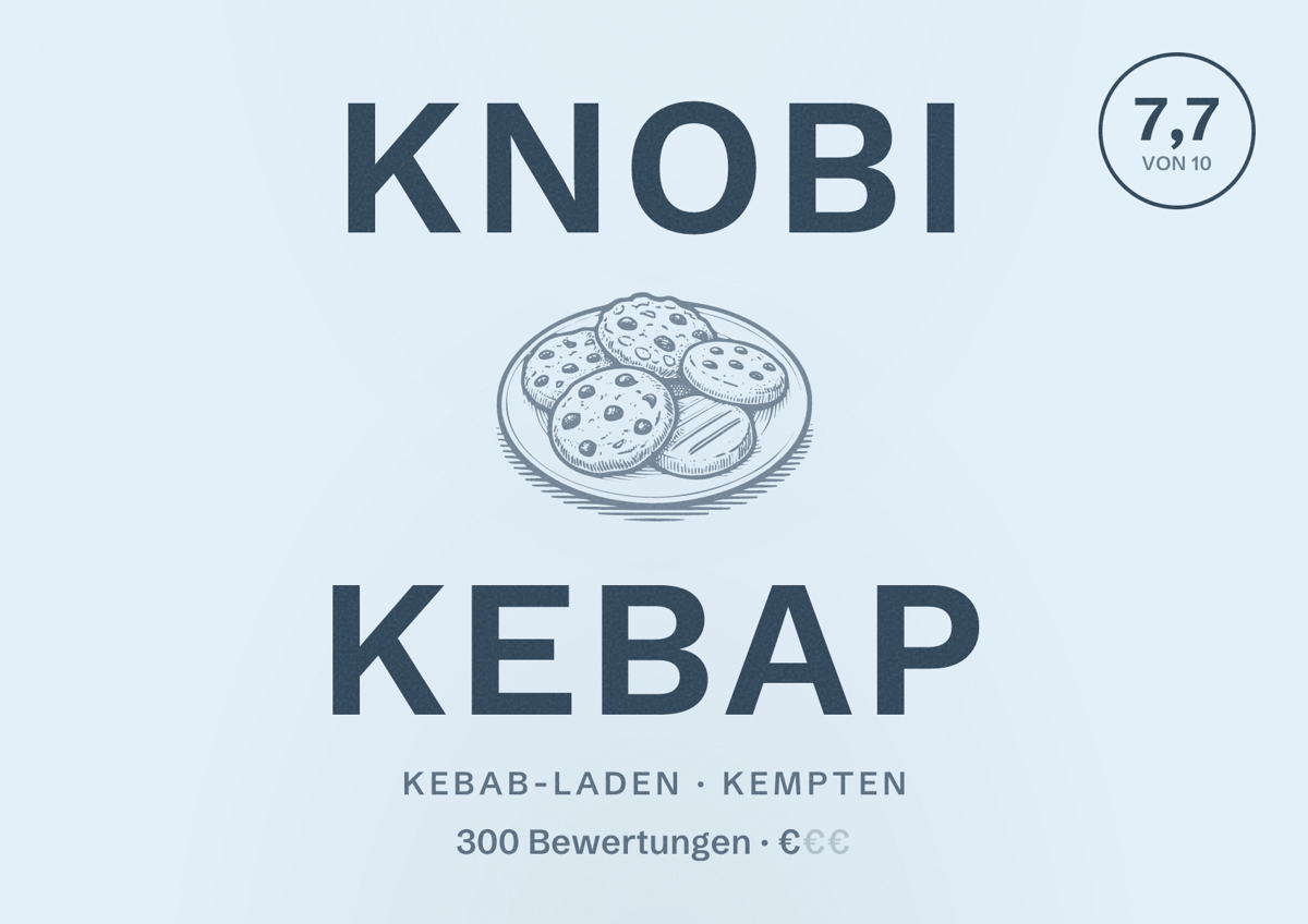 Illustriertes Poster von Knobi Kebap, Kebab-Laden in Kempten: Bewertung 7,7 von 10 aus 300 Bewertungen, Preisniveau €