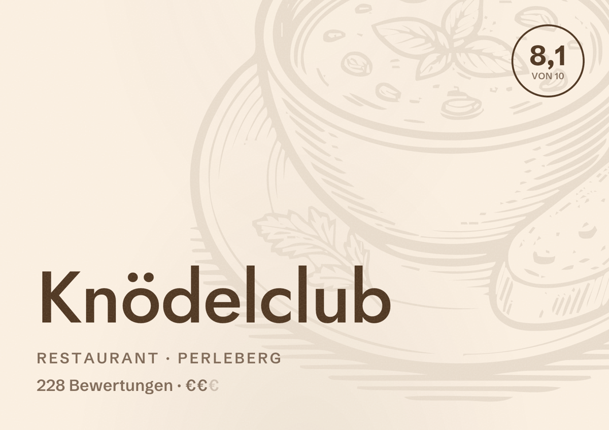 Illustriertes Poster von Knödelclub, Restaurant in Perleberg: Bewertung 8,1 von 10 aus 228 Bewertungen, Preisniveau €€