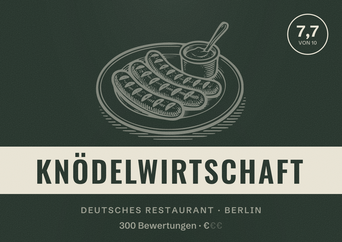 Illustriertes Poster von Knödelwirtschaft, Deutsches Restaurant in Berlin: Bewertung 7,7 von 10 aus 300 Bewertungen, Preisniveau €