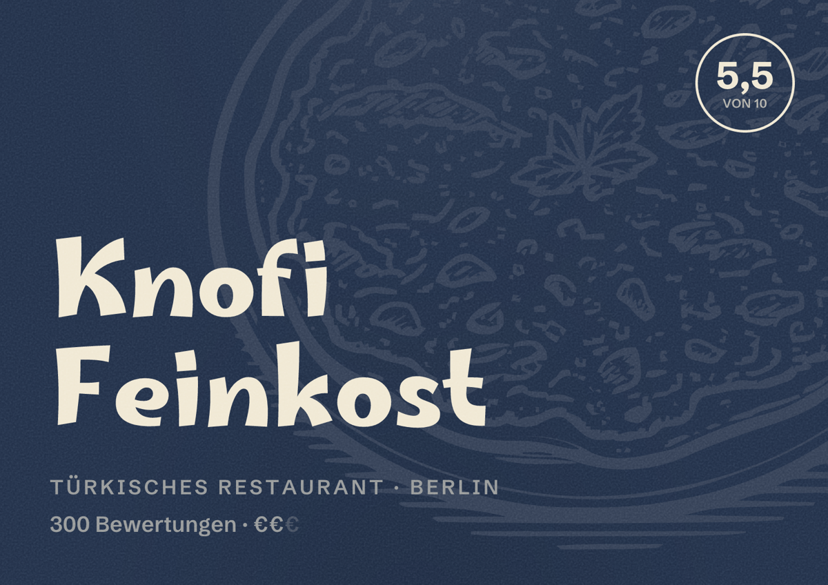 Illustriertes Poster von Knofi Feinkost, Türkisches Restaurant in Berlin: Bewertung 5,5 von 10 aus 300 Bewertungen, Preisniveau €€