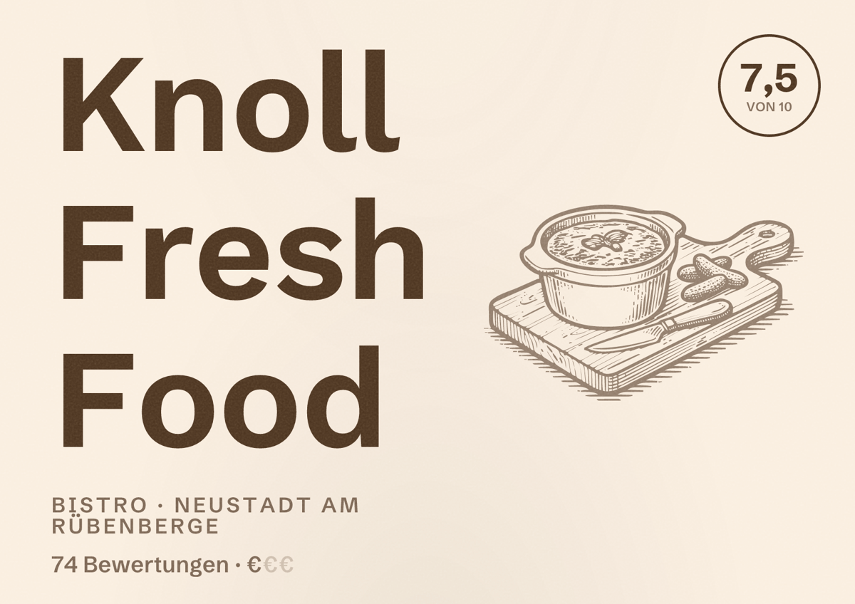 Illustriertes Poster von Knoll Fresh Food, Bistro in Neustadt am Rübenberge: Bewertung 7,5 von 10 aus 74 Bewertungen, Preisniveau €