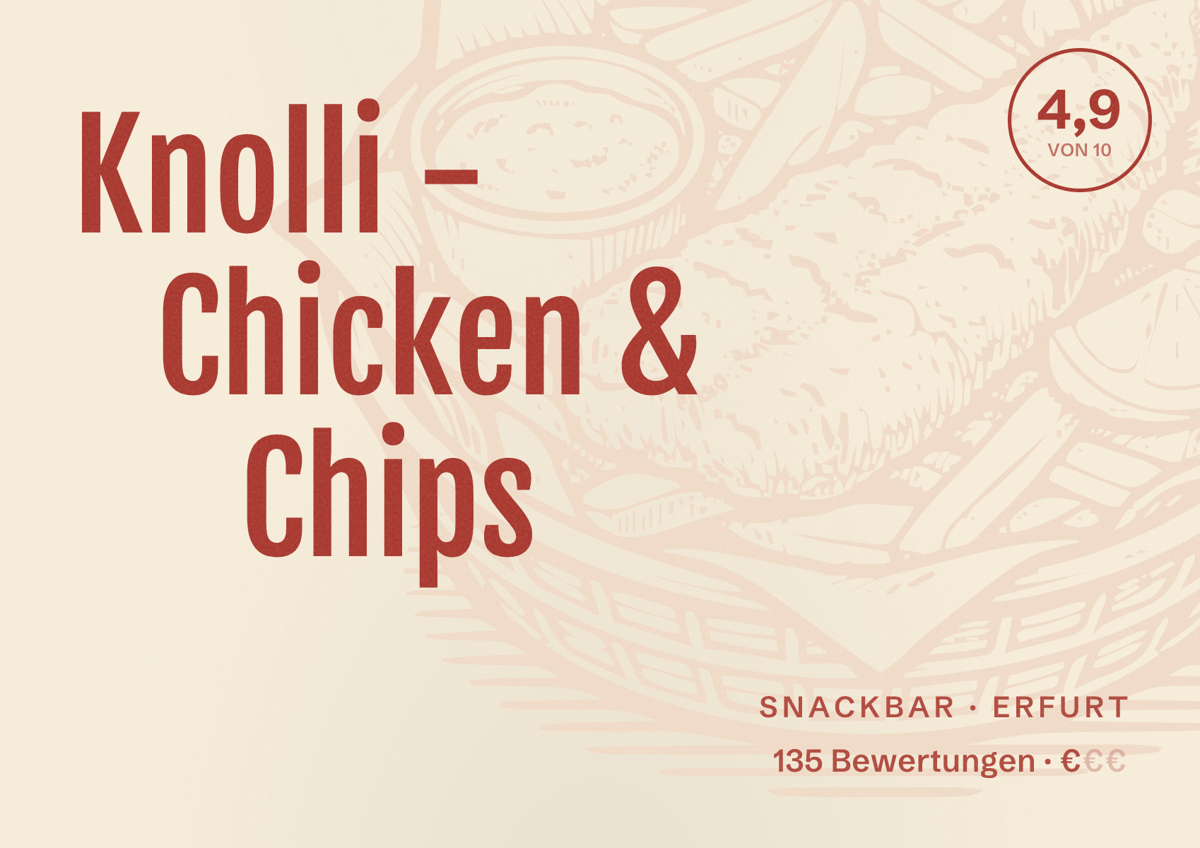 Illustriertes Poster von Knolli - Chicken & Chips, Snackbar in Erfurt: Bewertung 4,9 von 10 aus 135 Bewertungen, Preisniveau €