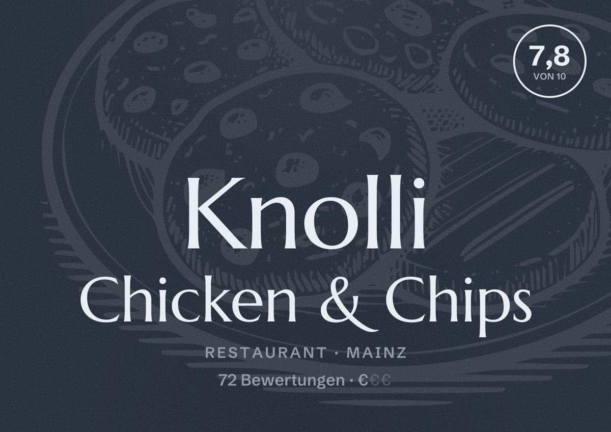 Illustriertes Poster von Knolli Chicken & Chips, Restaurant in Mainz: Bewertung 7,8 von 10 aus 72 Bewertungen, Preisniveau €