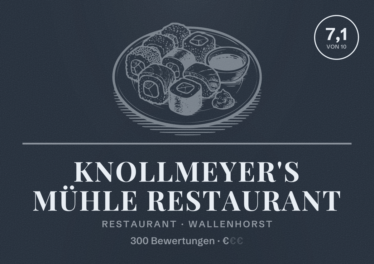 Illustriertes Poster von Knollmeyer's Mühle Restaurant, Restaurant in Wallenhorst: Bewertung 7,1 von 10 aus 300 Bewertungen, Preisniveau €