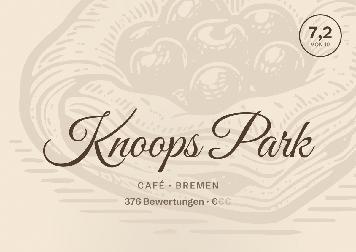 Illustriertes Poster von Knoops Park, Café in Bremen: Bewertung 7,2 von 10 aus 376 Bewertungen, Preisniveau €