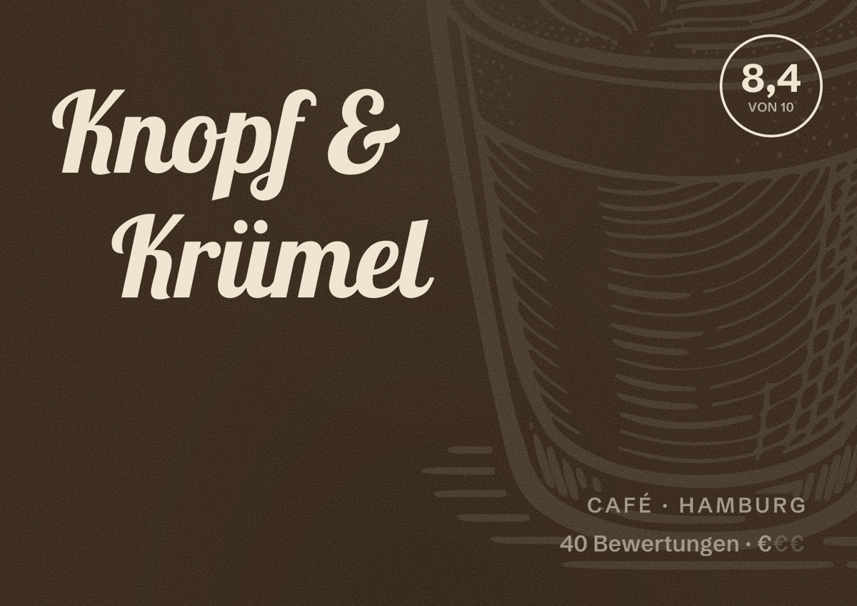 Illustriertes Poster von Knopf & Krümel, Café in Hamburg: Bewertung 8,4 von 10 aus 40 Bewertungen, Preisniveau €