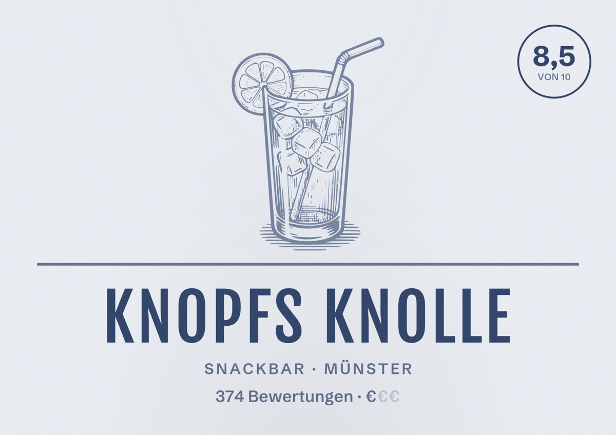 Illustriertes Poster von Knopfs Knolle, Snackbar in Münster: Bewertung 8,5 von 10 aus 374 Bewertungen, Preisniveau €