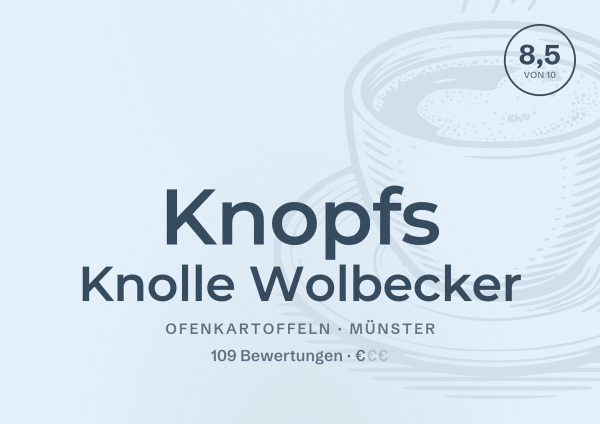 Illustriertes Poster von Knopfs Knolle Wolbecker, Ofenkartoffeln in Münster: Bewertung 8,5 von 10 aus 109 Bewertungen, Preisniveau €