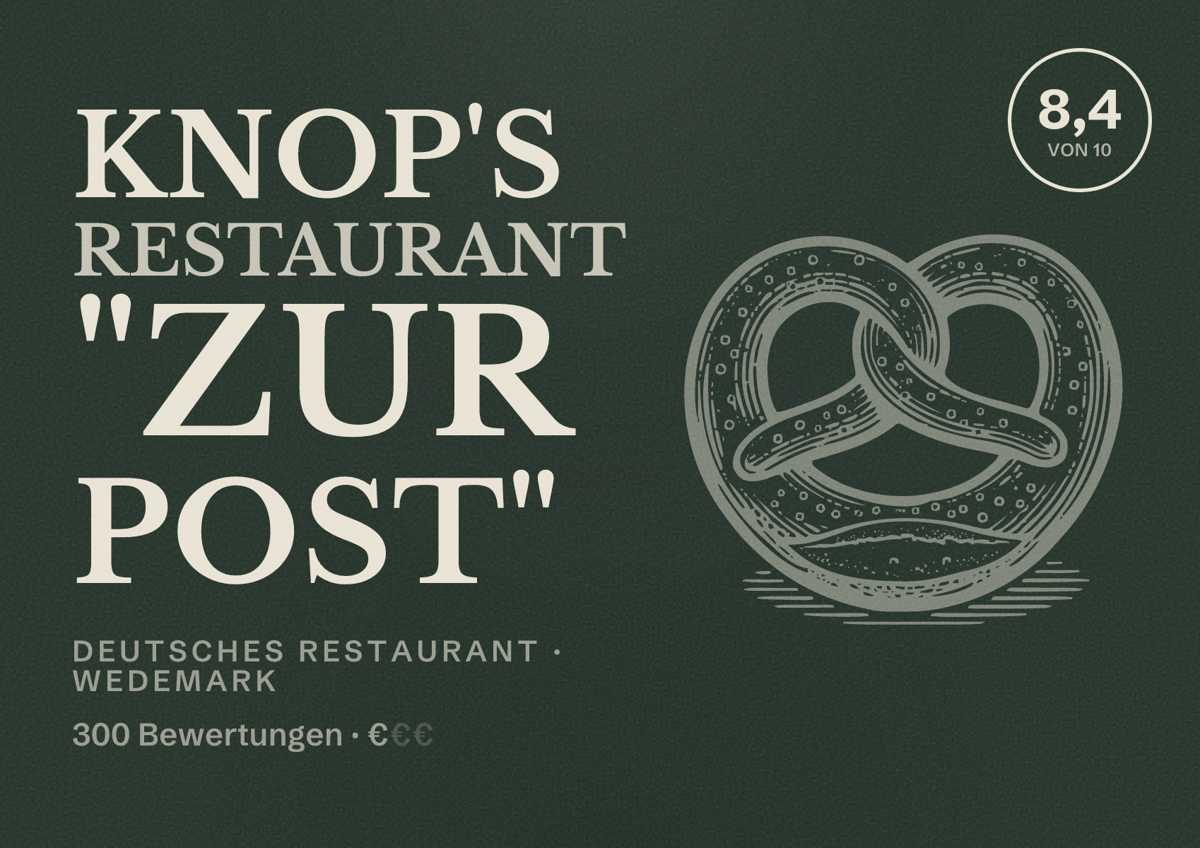 Illustriertes Poster von Knop's Restaurant "Zur Post", Deutsches Restaurant in Wedemark: Bewertung 8,4 von 10 aus 300 Bewertungen, Preisniveau €