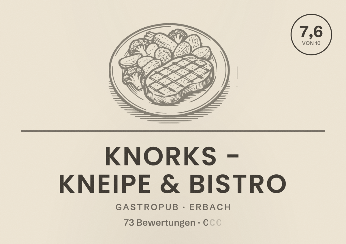 Illustriertes Poster von Knorks - Kneipe & Bistro, Gastropub in Erbach: Bewertung 7,6 von 10 aus 73 Bewertungen, Preisniveau €