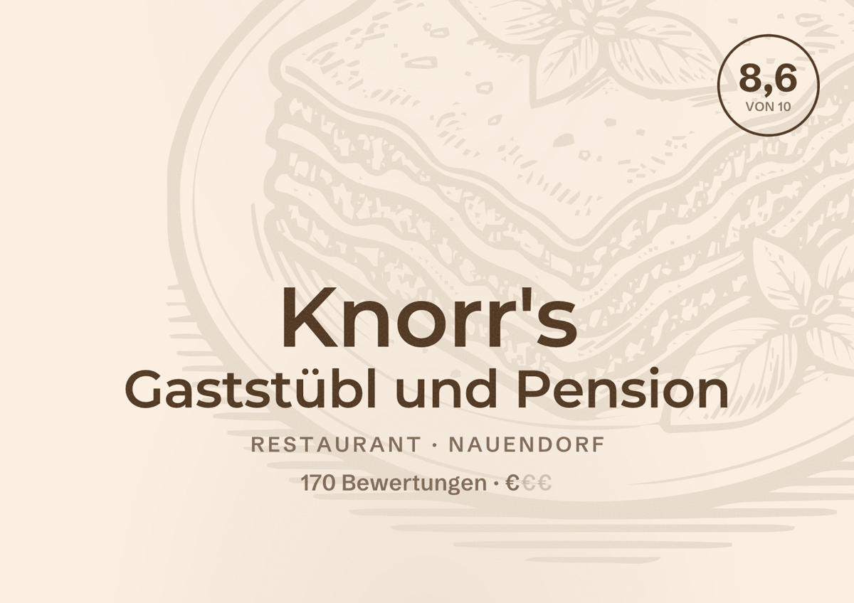 Illustriertes Poster von Knorr's Gaststübl und Pension, Restaurant in Nauendorf: Bewertung 8,6 von 10 aus 170 Bewertungen, Preisniveau €
