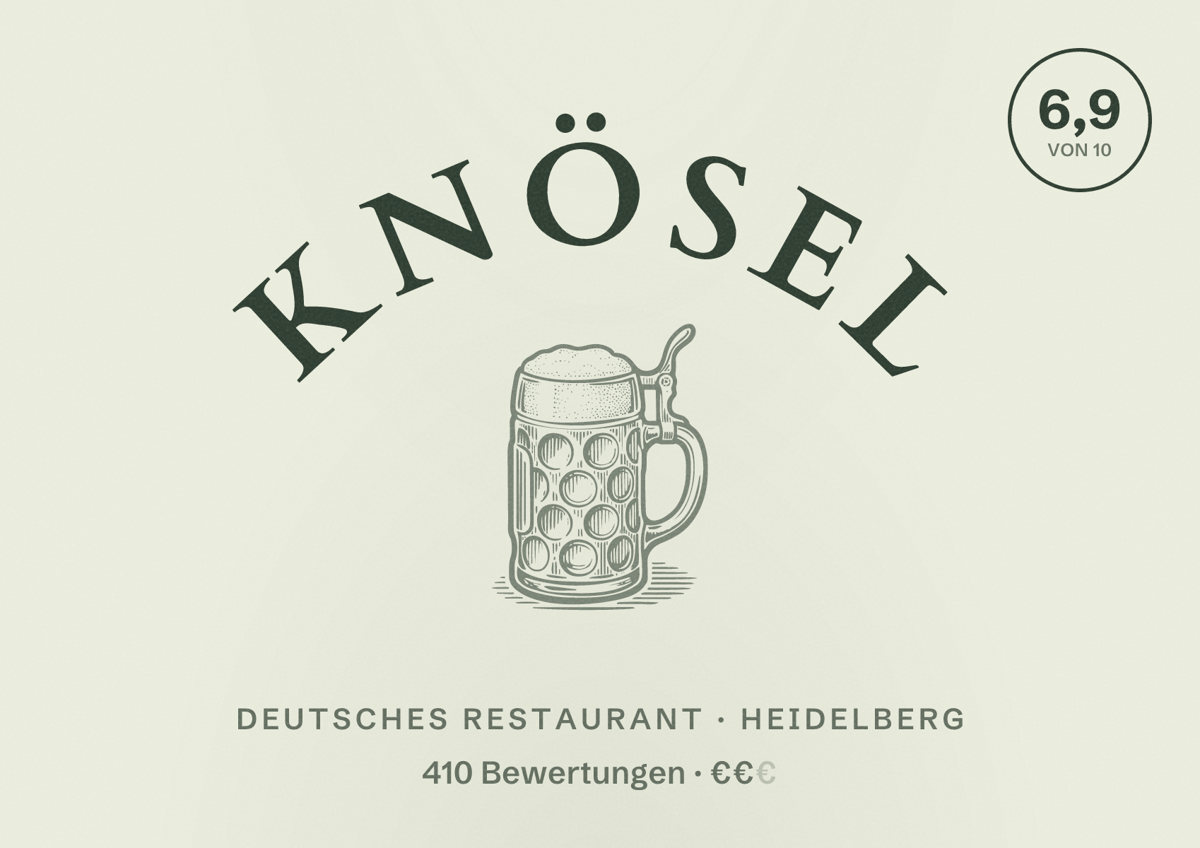 Illustriertes Poster von Knösel, Deutsches Restaurant in Heidelberg: Bewertung 6,9 von 10 aus 410 Bewertungen, Preisniveau €€