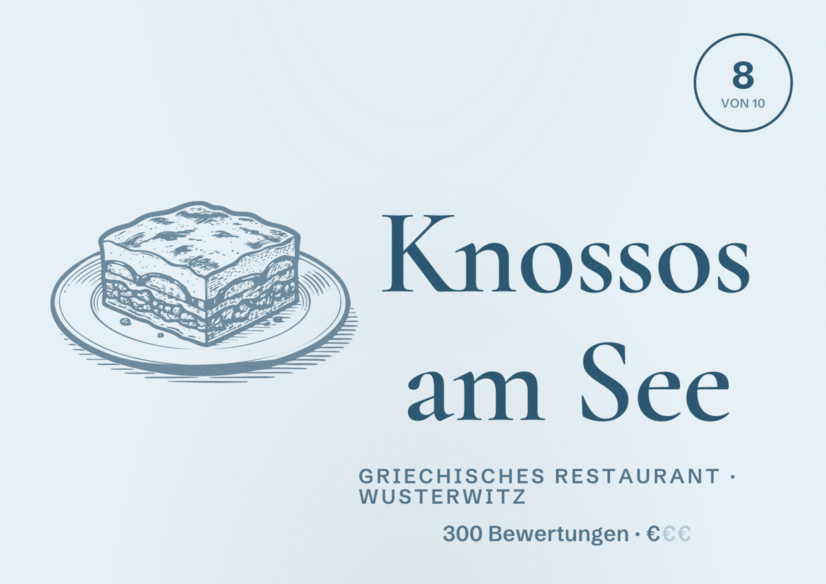 Illustriertes Poster von Knossos am See, Griechisches Restaurant in Wusterwitz: Bewertung 8 von 10 aus 300 Bewertungen, Preisniveau €