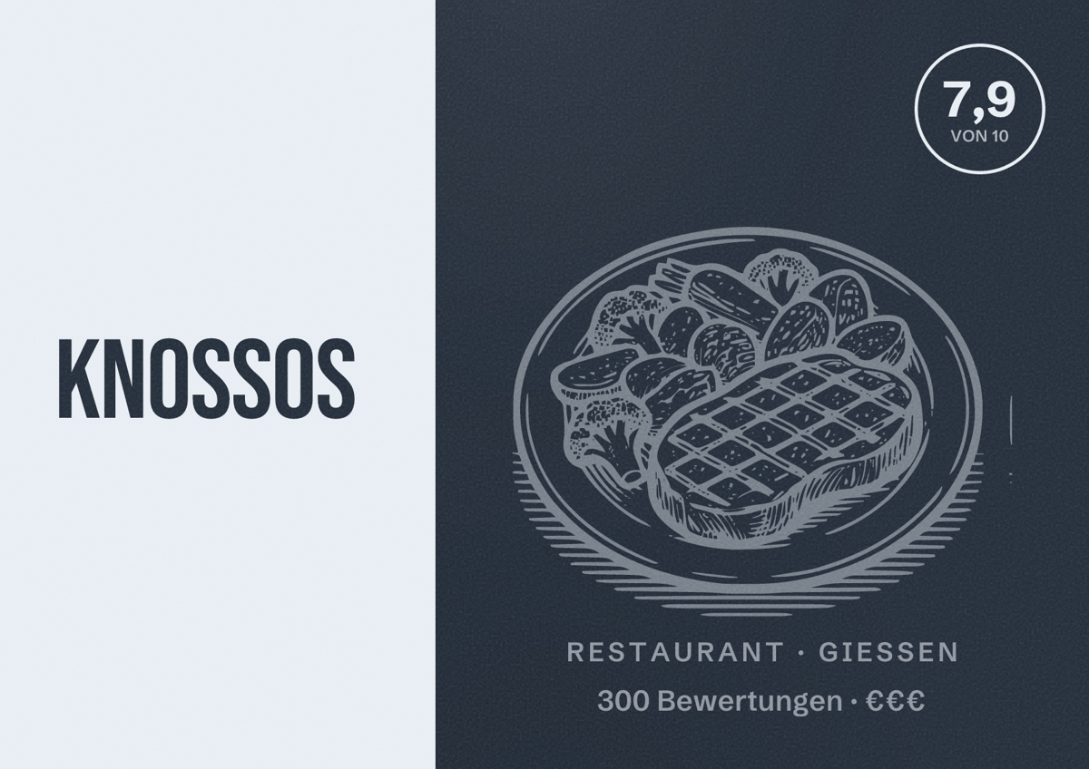 Illustriertes Poster von KNOSSOS, Restaurant in Gießen: Bewertung 7,9 von 10 aus 300 Bewertungen, Preisniveau €€€