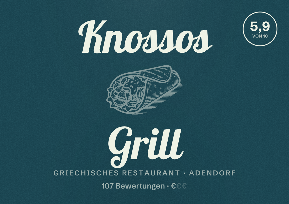 Illustriertes Poster von Knossos Grill, Griechisches Restaurant in Adendorf: Bewertung 5,9 von 10 aus 107 Bewertungen, Preisniveau €