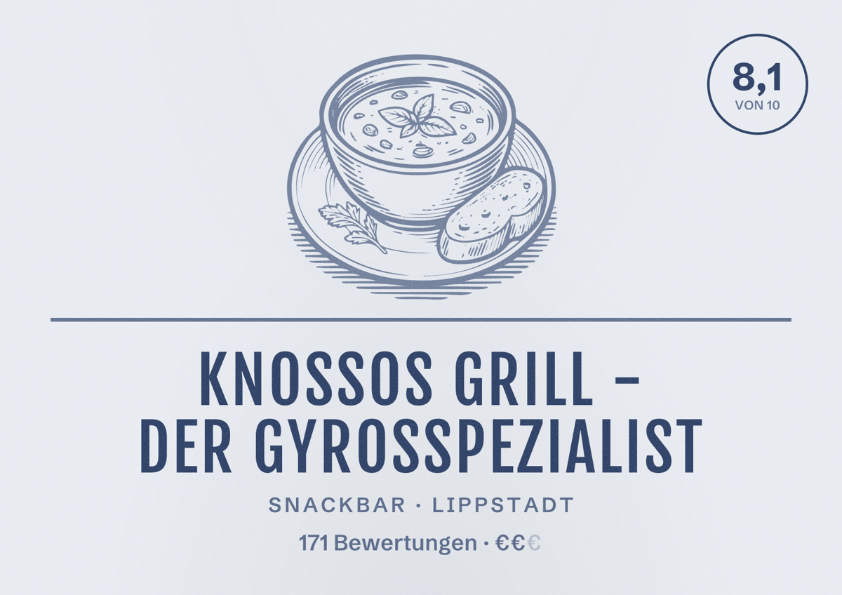 Illustriertes Poster von Knossos Grill - Der Gyrosspezialist, Snackbar in Lippstadt: Bewertung 8,1 von 10 aus 171 Bewertungen, Preisniveau €€