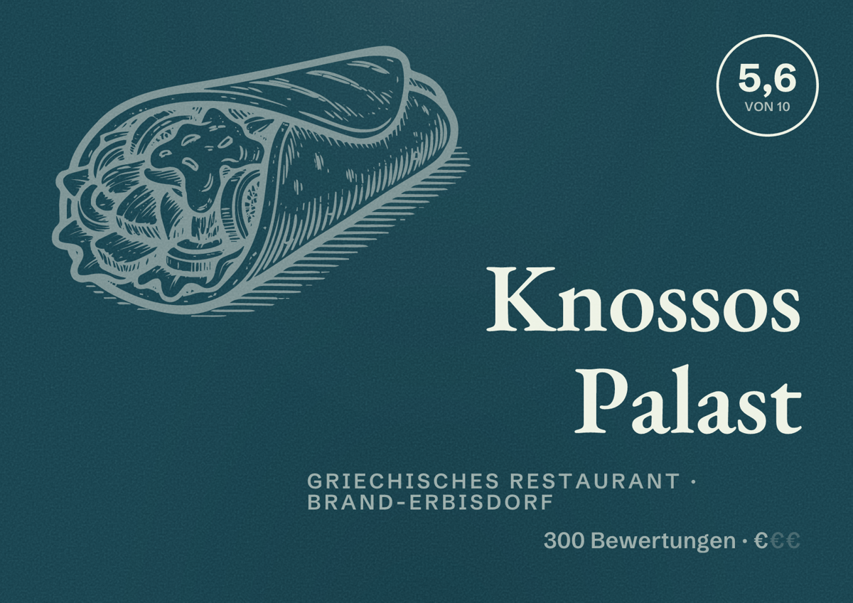 Illustriertes Poster von Knossos Palast, Griechisches Restaurant in Brand-Erbisdorf: Bewertung 5,6 von 10 aus 300 Bewertungen, Preisniveau €