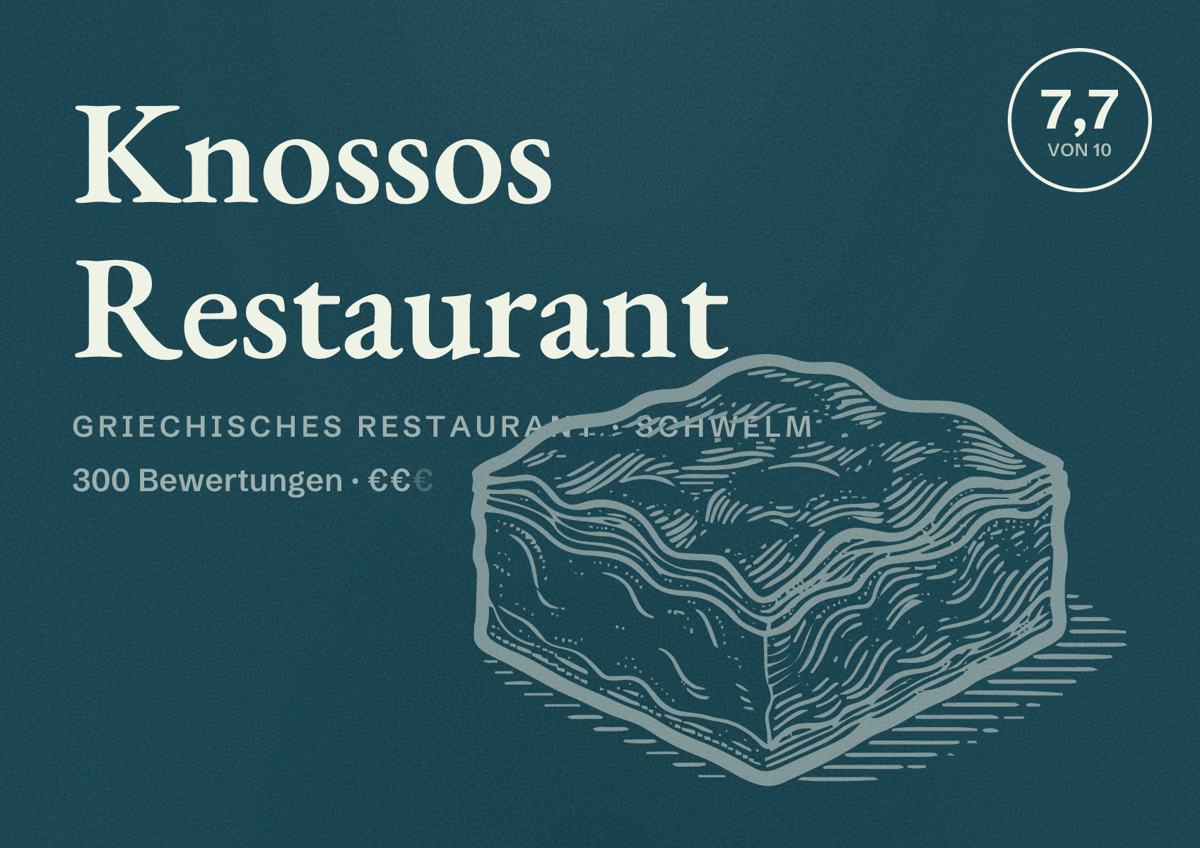 Illustriertes Poster von Knossos Restaurant, Griechisches Restaurant in Schwelm: Bewertung 7,7 von 10 aus 300 Bewertungen, Preisniveau €€