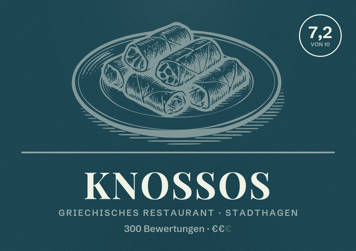 Illustriertes Poster von Knossos, Griechisches Restaurant in Stadthagen: Bewertung 7,2 von 10 aus 300 Bewertungen, Preisniveau €€