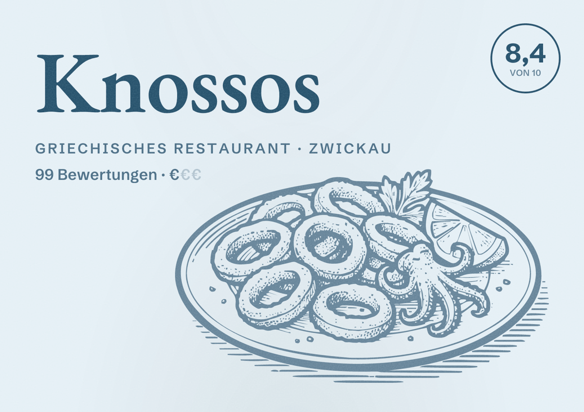 Illustriertes Poster von Knossos, Griechisches Restaurant in Zwickau: Bewertung 8,4 von 10 aus 99 Bewertungen, Preisniveau €