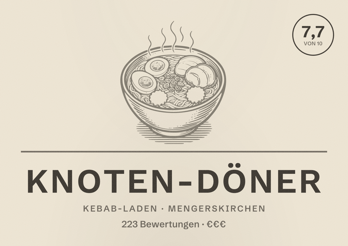 Illustriertes Poster von Knoten-Döner, Kebab-Laden in Mengerskirchen: Bewertung 7,7 von 10 aus 223 Bewertungen, Preisniveau €€€