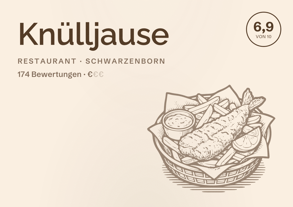 Illustriertes Poster von Knülljause, Restaurant in Schwarzenborn: Bewertung 6,9 von 10 aus 174 Bewertungen, Preisniveau €