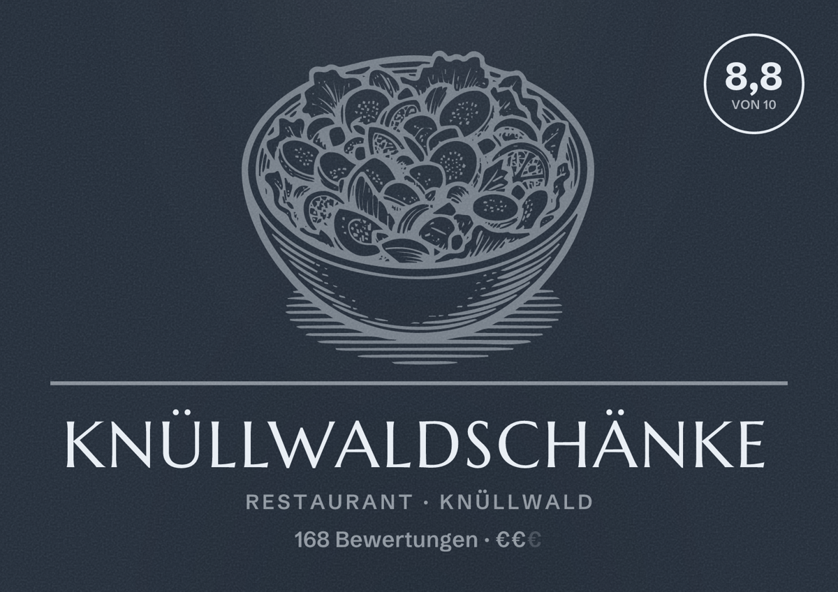 Illustriertes Poster von Knüllwaldschänke, Restaurant in Knüllwald: Bewertung 8,8 von 10 aus 168 Bewertungen, Preisniveau €€