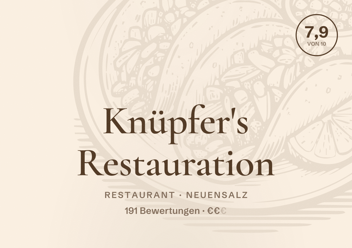 Illustriertes Poster von Knüpfer's Restauration, Restaurant in Neuensalz: Bewertung 7,9 von 10 aus 191 Bewertungen, Preisniveau €€