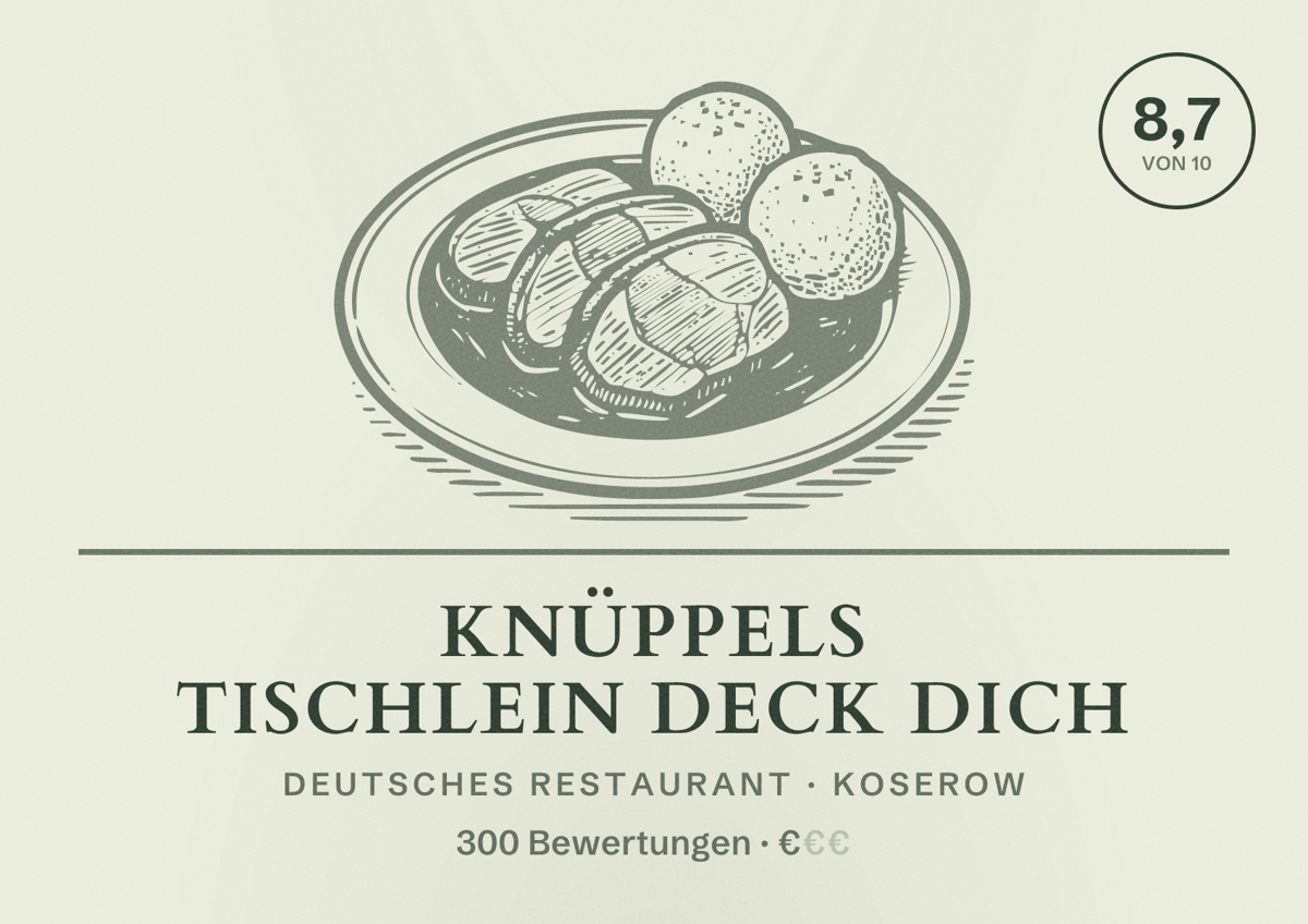Illustriertes Poster von Knüppels Tischlein deck dich, Deutsches Restaurant in Koserow: Bewertung 8,7 von 10 aus 300 Bewertungen, Preisniveau €