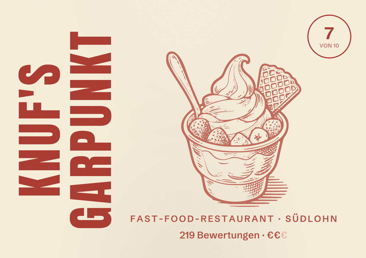 Illustriertes Poster von Knuf's Garpunkt, Fast-Food-Restaurant in Südlohn: Bewertung 7 von 10 aus 219 Bewertungen, Preisniveau €€