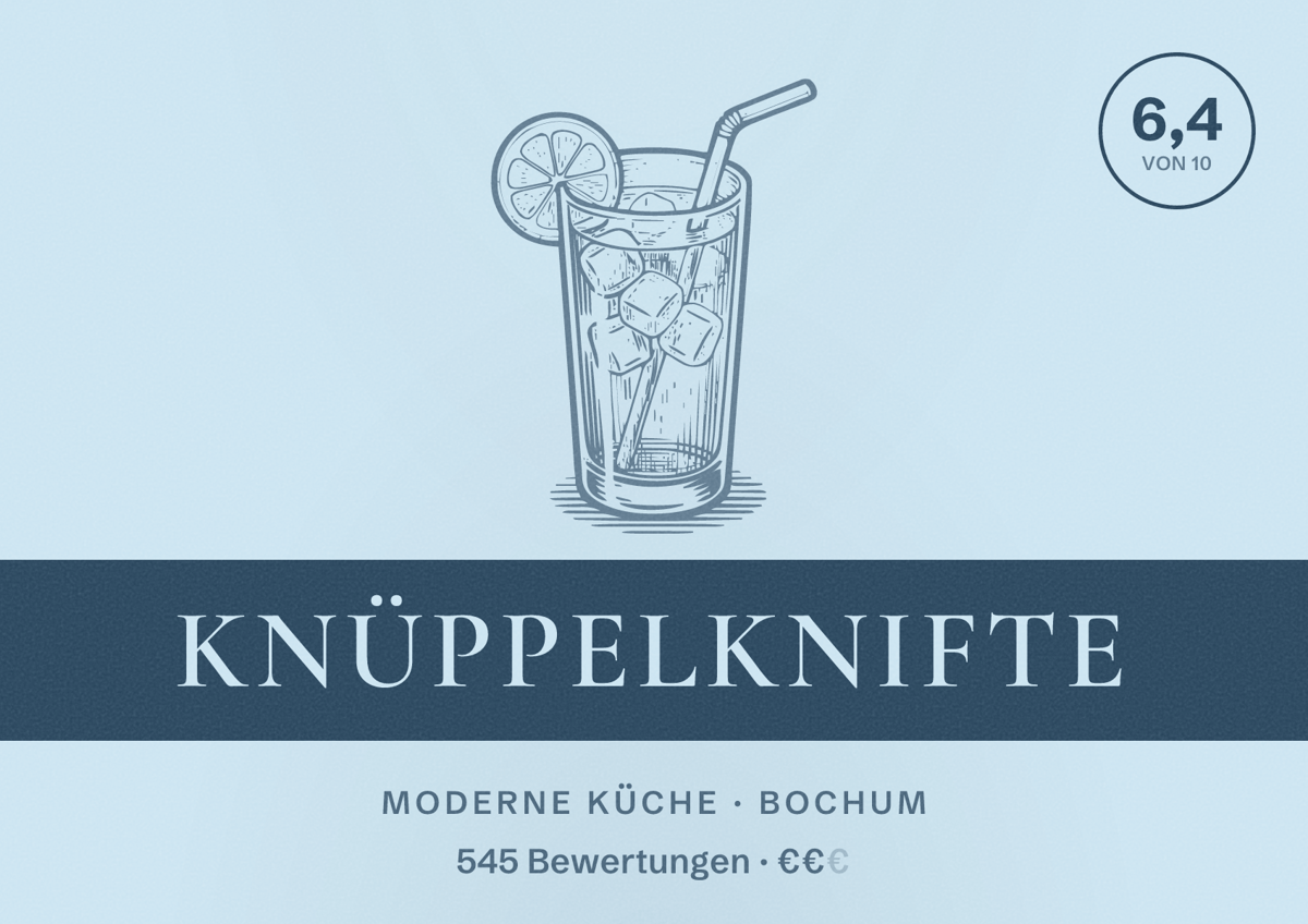 Illustriertes Poster von Knüppelknifte, Moderne Küche in Bochum: Bewertung 6,4 von 10 aus 545 Bewertungen, Preisniveau €€