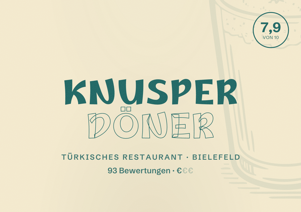Illustriertes Poster von Knusper döner, Türkisches Restaurant in Bielefeld: Bewertung 7,9 von 10 aus 93 Bewertungen, Preisniveau €