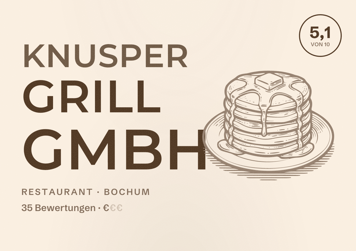 Illustriertes Poster von Knusper Grill GmbH, Restaurant in Bochum: Bewertung 5,1 von 10 aus 35 Bewertungen, Preisniveau €