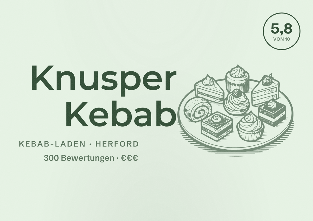 Illustriertes Poster von Knusper Kebab, Kebab-Laden in Herford: Bewertung 5,8 von 10 aus 300 Bewertungen, Preisniveau €€€